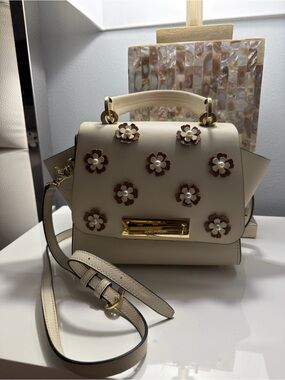 ZAC Zac Posen Cream Satchel with Brown Floral Appliqués and Gold Hardware